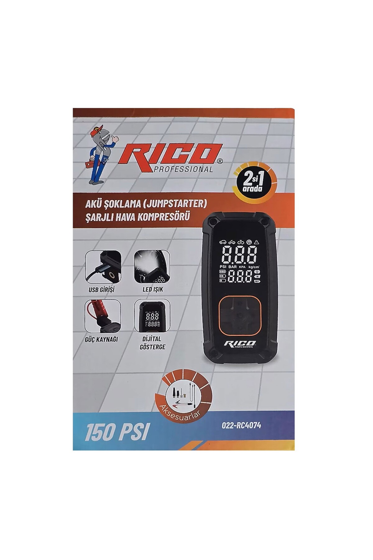 RİCO Şarjlı Hava Kompresörü Ve Akü Şoklama Makinesi 022-RC4074