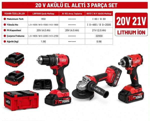 LABOR PERFORMANCE PLUS ŞARJLI 3 LÜ SET 6013C-LBR1000-AT102