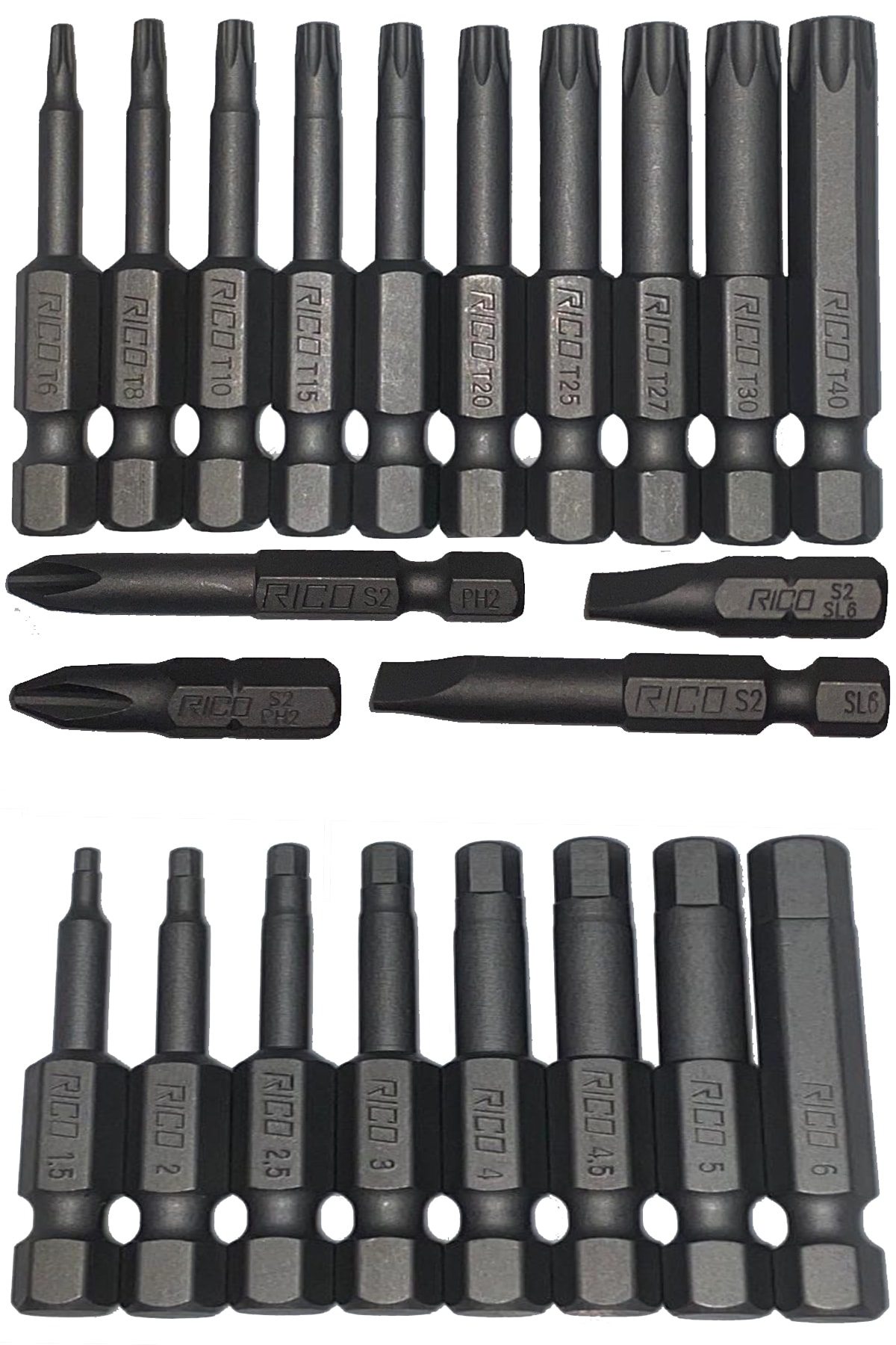 rico Matkap Uçları Torx Alyan Düz Yıldız 22 Parça 50 Mm Manyetik Mıknastıslı Orjinal Çelik