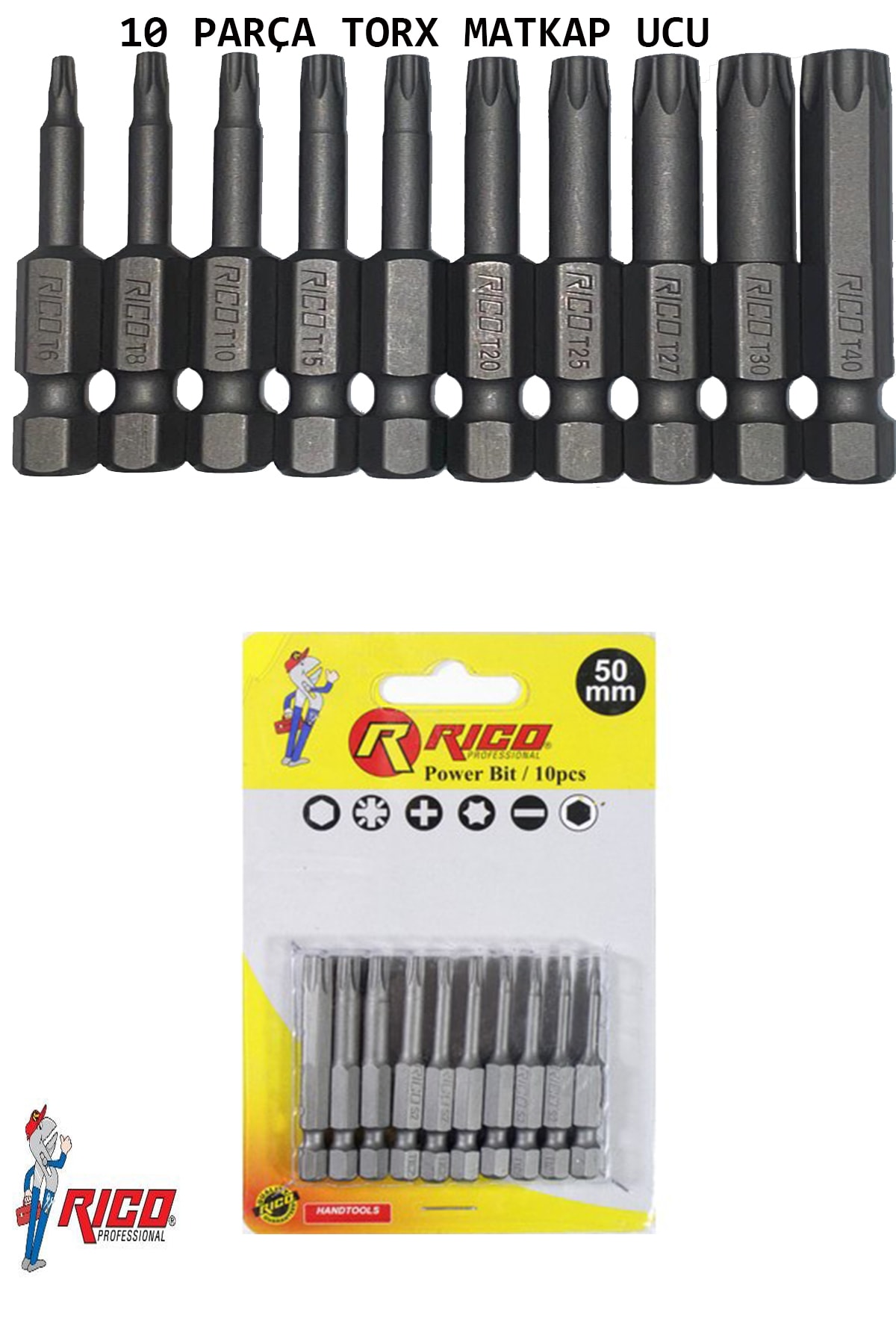 rico Matkap Uçları Torx Alyan Düz Yıldız 22 Parça 50 Mm Manyetik Mıknastıslı Orjinal Çelik