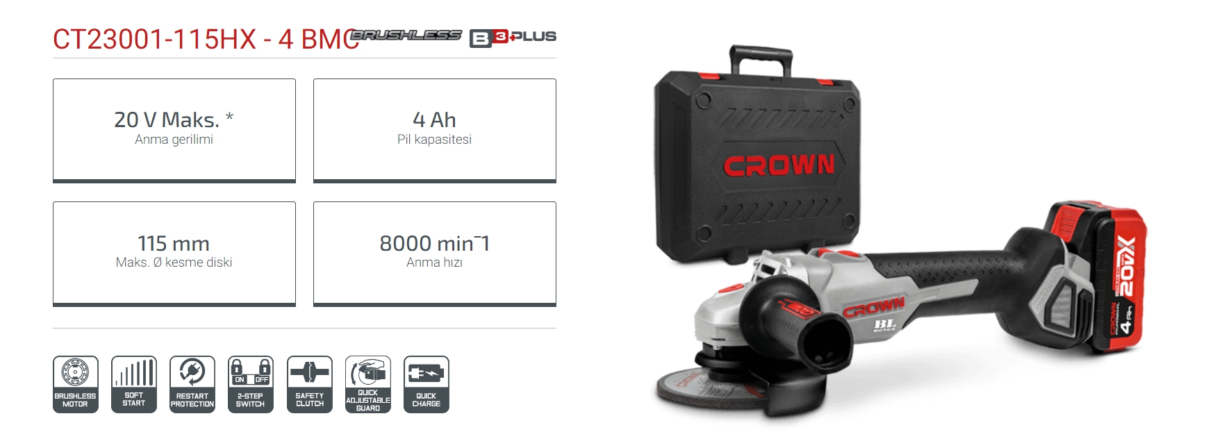 CROWN CT23001 Akülü Taşlama Makinası 115 MM 20V 4 Amper