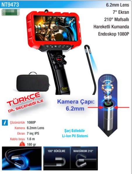 NTTools 6.2mm Lens 7inç Ekran 180° Endoskop 1080P