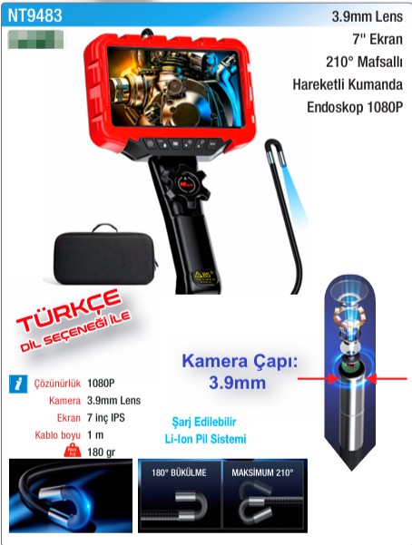 NTTools 3.9mm Lens 7inç Ekran 180° Endoskop 1080P