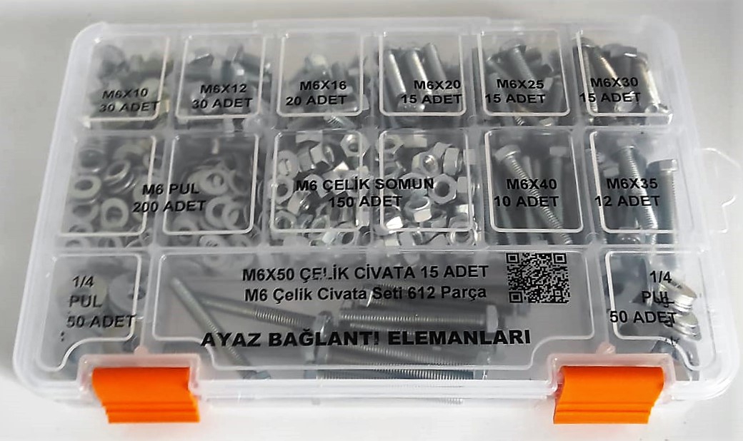 AY-CİV M6 Çelik Civata Seti Anahtar Başlı 612 Parça