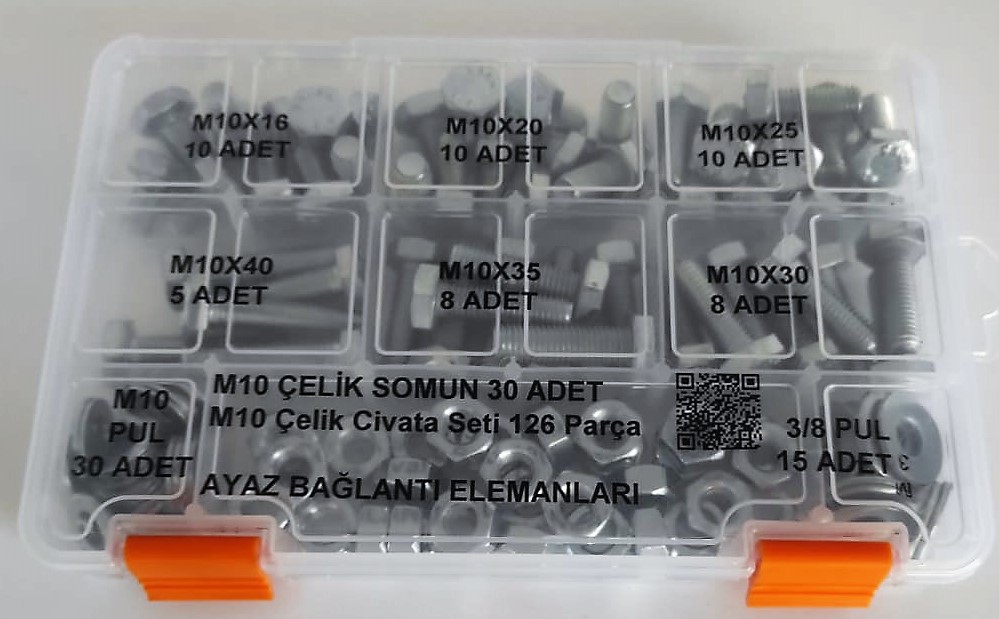 AY-CİV M10 Çelik Civata Seti Anahtar Başlı 126 Parça