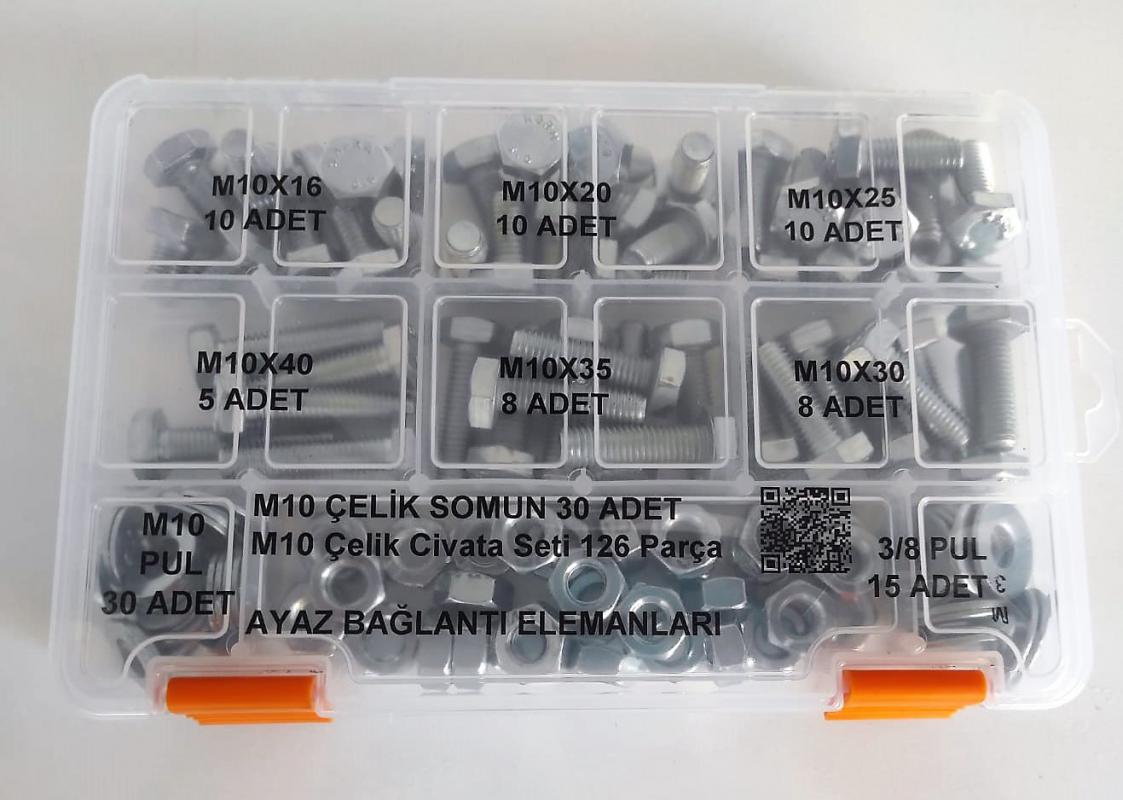 AY-CİV M10 Çelik Civata Seti Anahtar Başlı 126 Parça