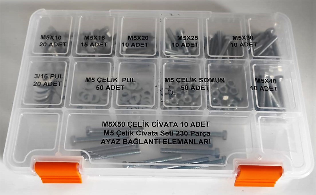 AY-CİV M5 Çelik Civata Seti Anahtar Başlı Civata 230 Parça