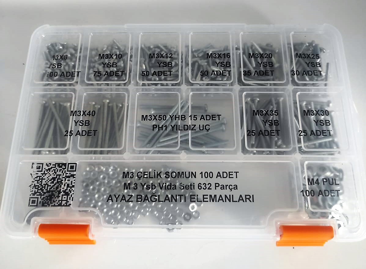 AY-CİV M 3 Ysb Vida Civata Somun Pul Seti Vida Seti 632 Parça