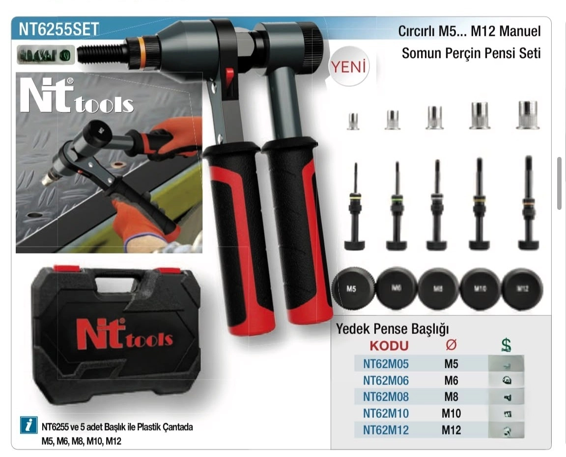 NTTools M5 M12 Cırcırlı Somun Perçin Pensesi Seti NT6255SET